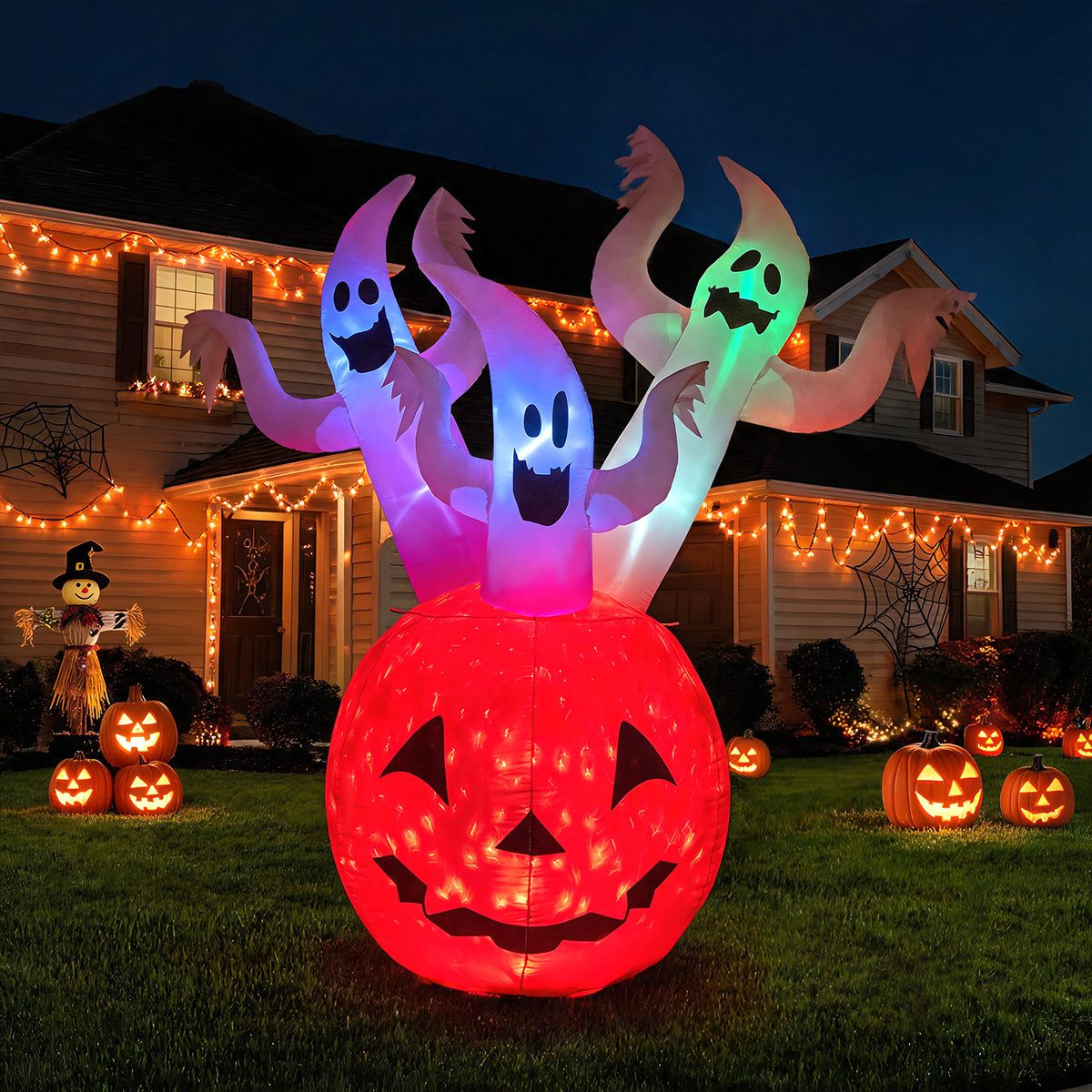 6 FT/ 185 CM Inflatable Ghost Pumpkin w/ Colorful Lights