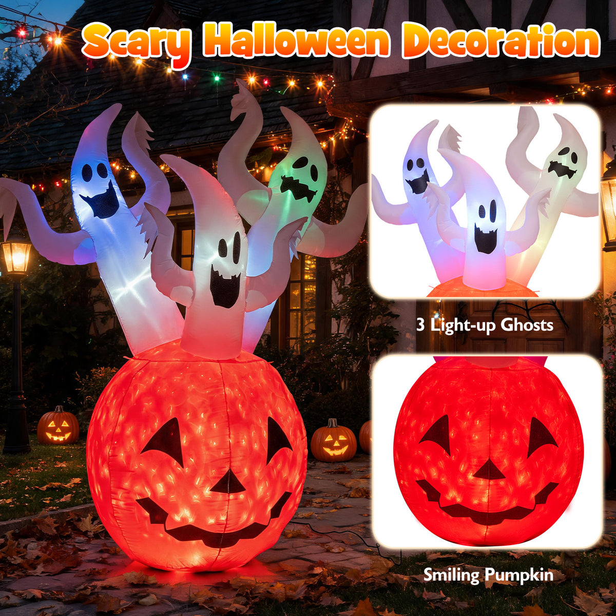 6 FT/ 185 CM Inflatable Ghost Pumpkin w/ Colorful Lights