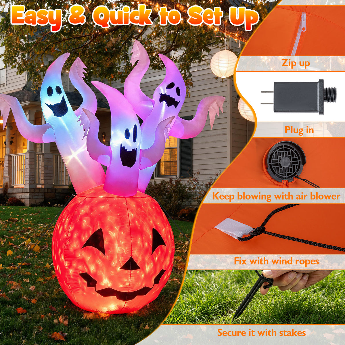 6 FT/ 185 CM Inflatable Ghost Pumpkin w/ Colorful Lights