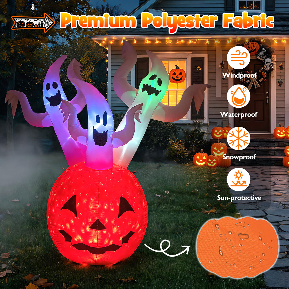 6 FT/ 185 CM Inflatable Ghost Pumpkin w/ Colorful Lights