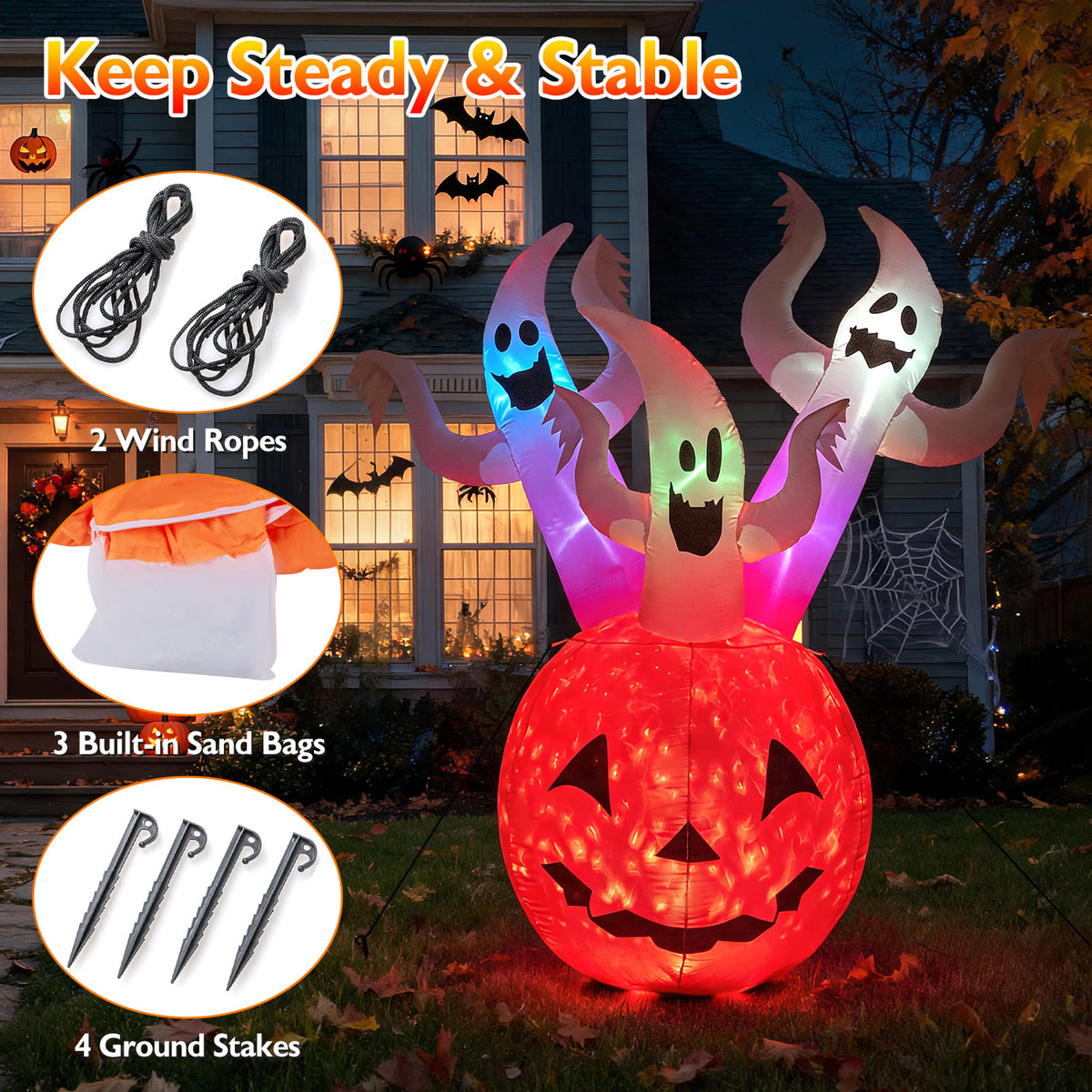 6 FT/ 185 CM Inflatable Ghost Pumpkin w/ Colorful Lights