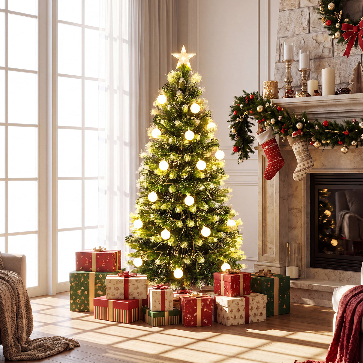 5 FT/150 CM Artificial Fiber Optic Christmas Tree, Pre-Lit, Green