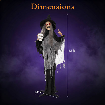 6.3 FT Halloween Standing Animatronic Witch with Skull in Hand