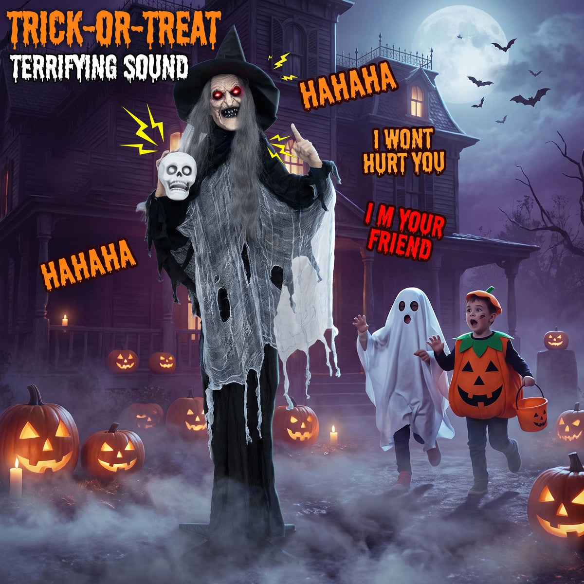 6.3 FT Halloween Standing Animatronic Witch with Skull in Hand