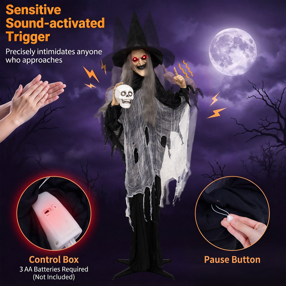 6.3 FT Halloween Standing Animatronic Witch with Skull in Hand