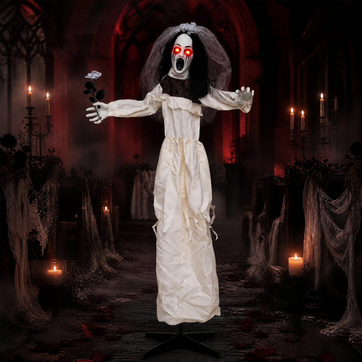 5.7 FT Halloween Standing Animatronic Bride w/ Flower in Hand