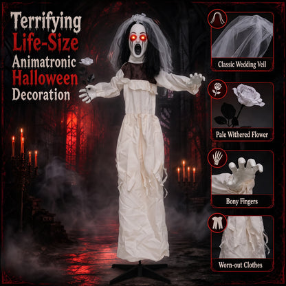 5.7 FT Halloween Standing Animatronic Bride w/ Flower in Hand