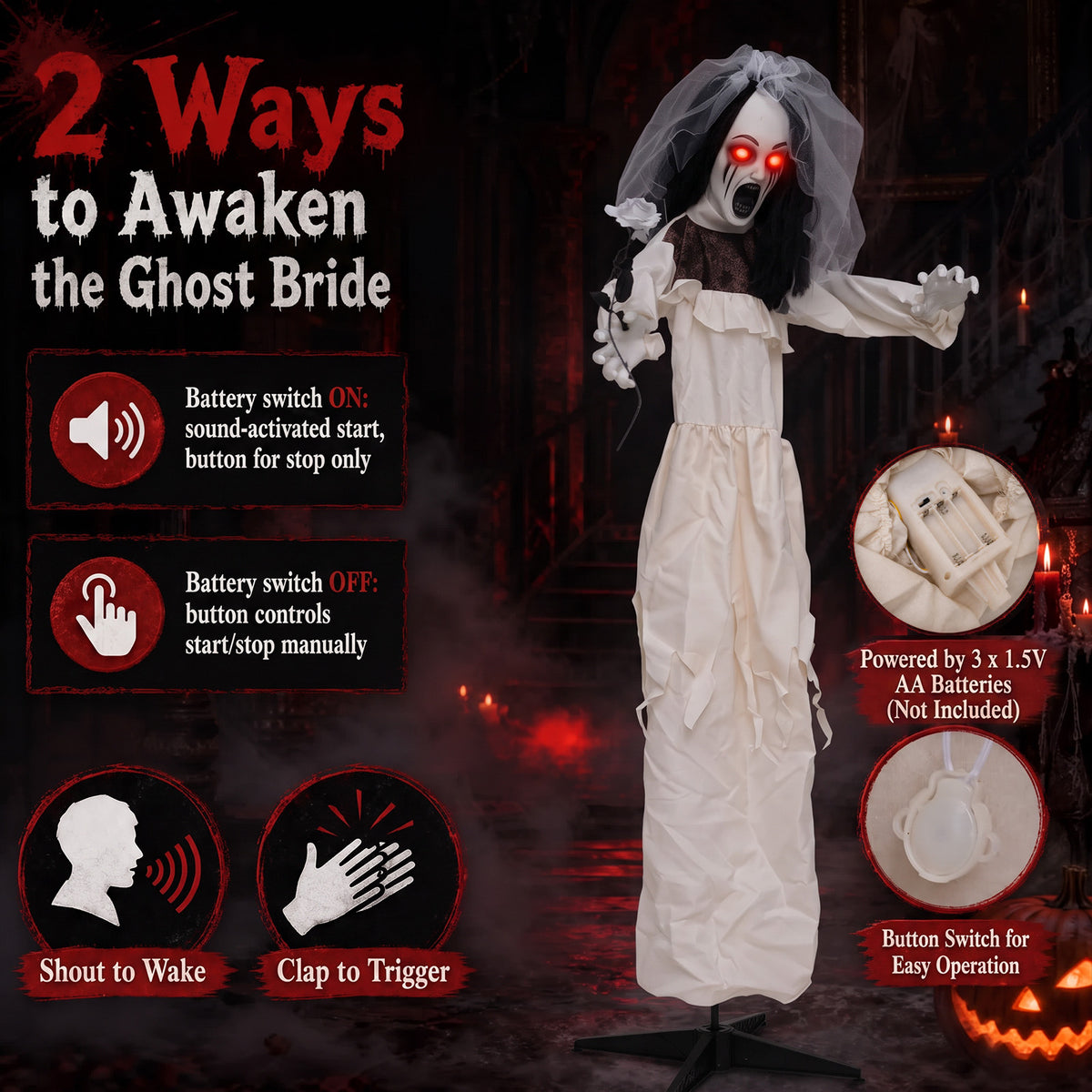 5.7 FT Halloween Standing Animatronic Bride w/ Flower in Hand