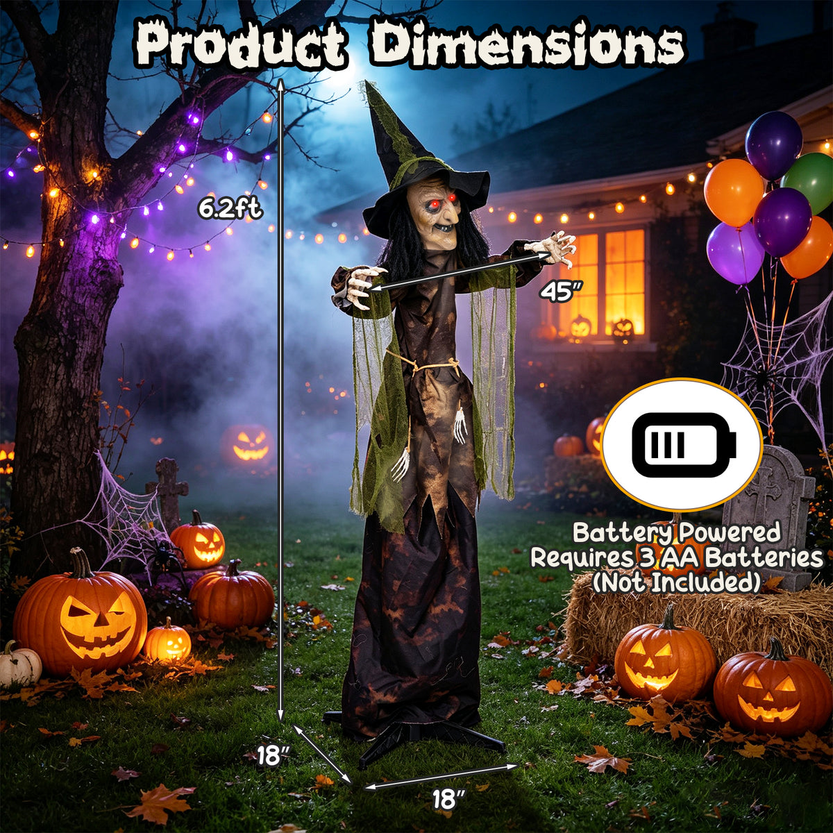 6.2 Ft. Halloween Animated Witch Decoration w/ Red Glowing Eyes