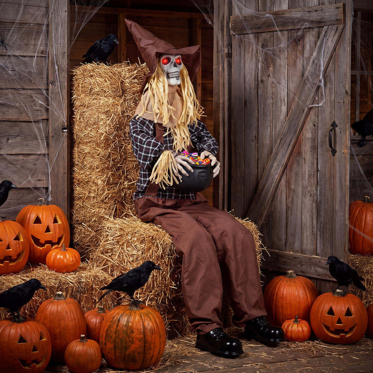 Halloween Animatronic Sitting Scarecrow with Candy Bowl