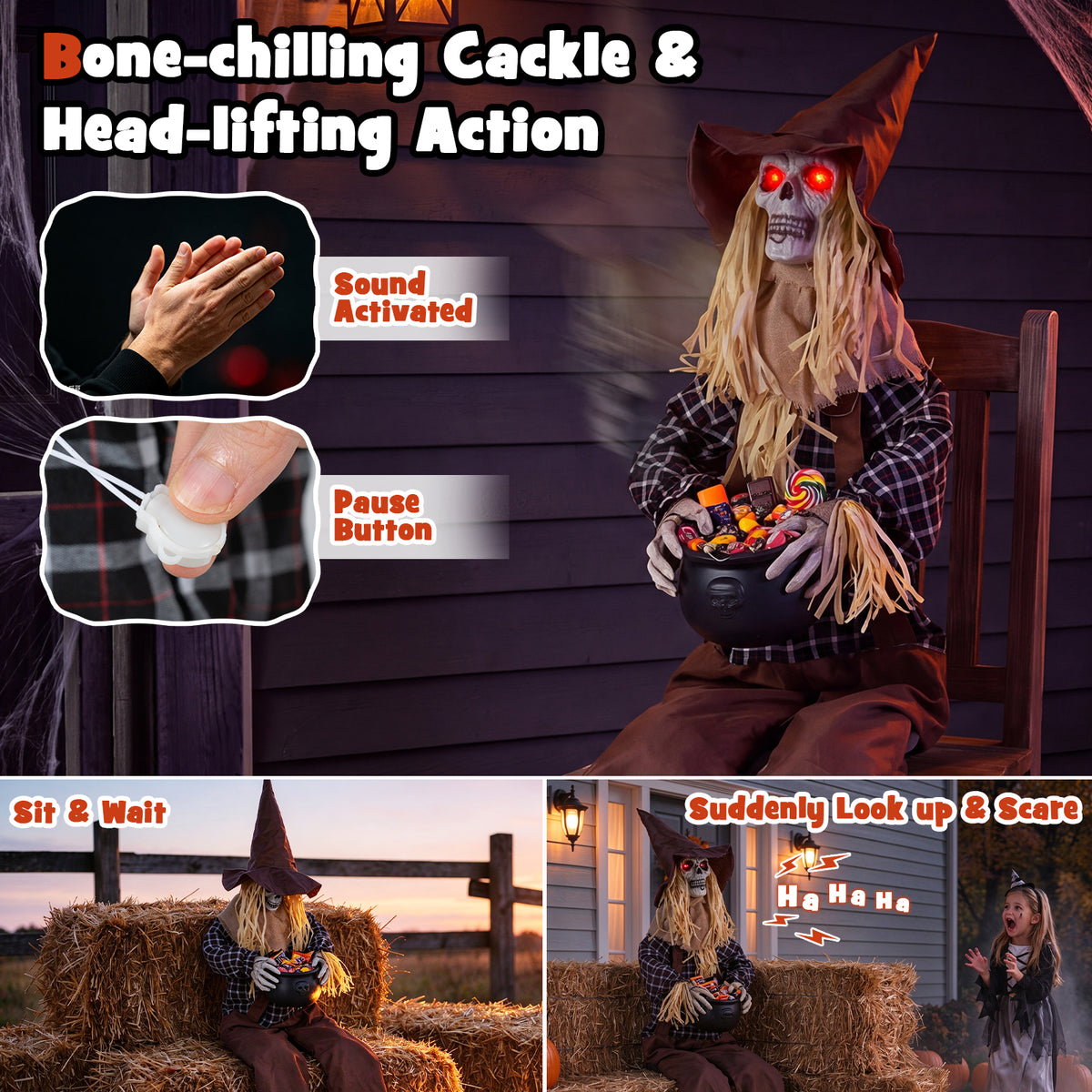 Halloween Animatronic Sitting Scarecrow with Candy Bowl