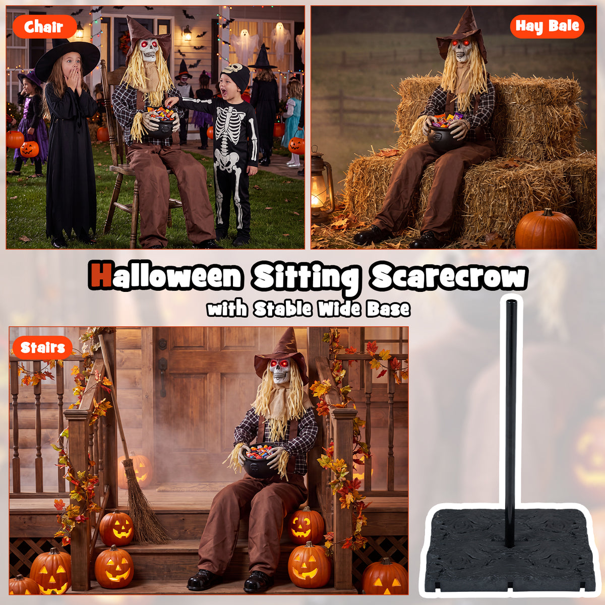 Halloween Animatronic Sitting Scarecrow with Candy Bowl
