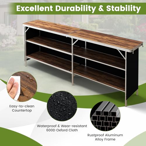 GOFLAME Folding Camping Table Aluminum Portable Picnic Table w/ 2-Tier Open Shelves & Spacious Tabletop