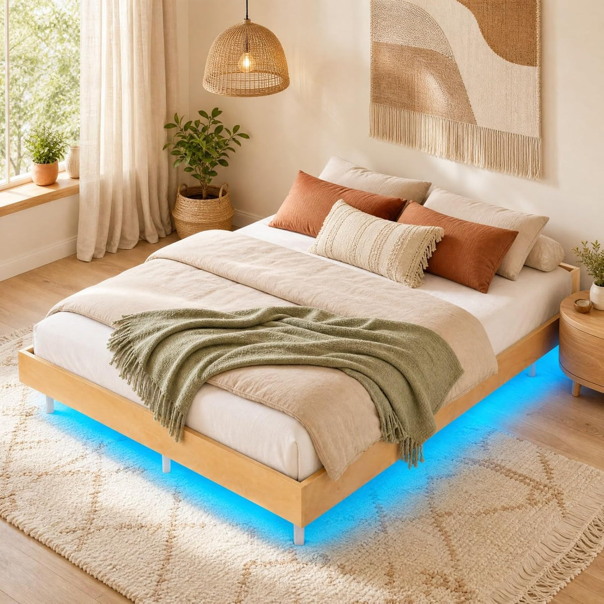 Goflame Wood Floating Bed Frame Queen Size with Smart LED Light, Natural | Modern Platform Bed w/Heavy Duty Mattress Foundation