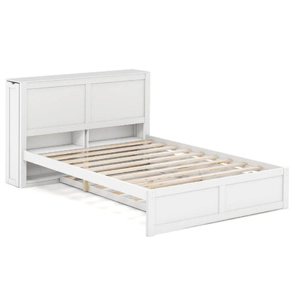 Goflame Full Bed Frame with Twin Trundle, Wooden Bed Wooden Bed Frame with 2 Rolling Bookcases & High Headboard