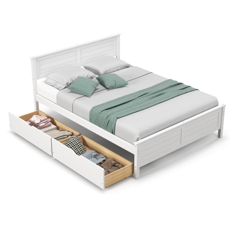 Goflame Wood Full Size Bed Frame with 2 Storage Drawers, Solid Wood Platform Bed with Headboard