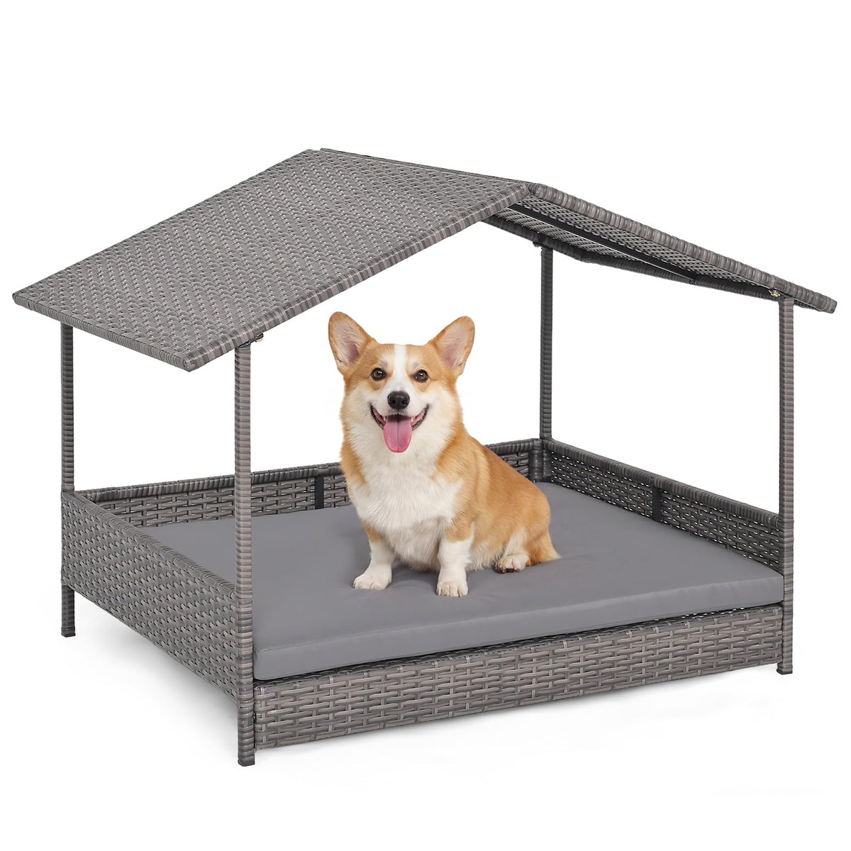 Goflame Outdoor Wicker Dog House with Roof Canopy & Washable Cushion