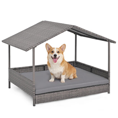 Goflame Outdoor Wicker Dog House with Roof Canopy & Washable Cushion