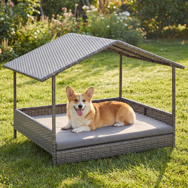 Goflame Outdoor Wicker Dog House with Roof Canopy & Washable Cushion