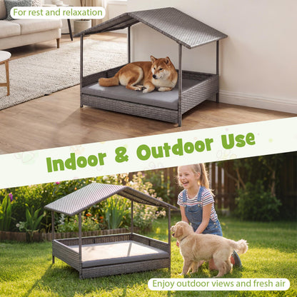 Goflame Outdoor Wicker Dog House with Roof Canopy & Washable Cushion