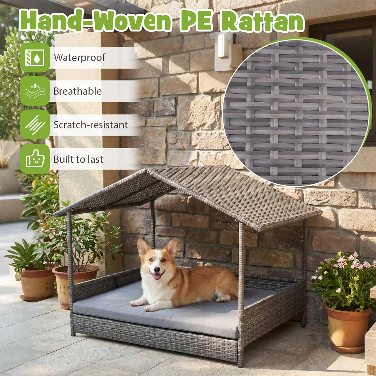 Goflame Outdoor Wicker Dog House with Roof Canopy & Washable Cushion
