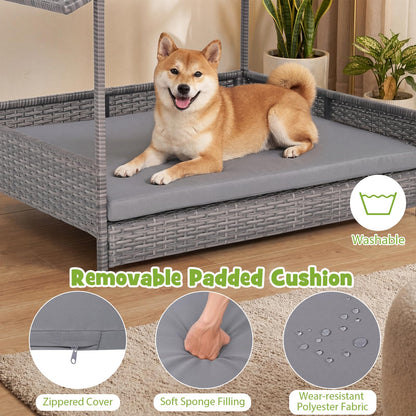 Goflame Outdoor Wicker Dog House with Roof Canopy & Washable Cushion