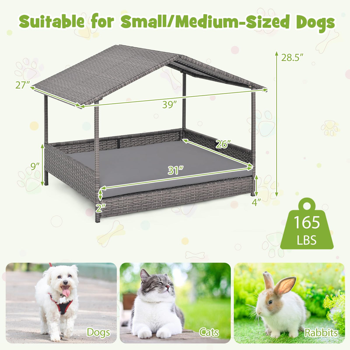 Goflame Outdoor Wicker Dog House with Roof Canopy & Washable Cushion