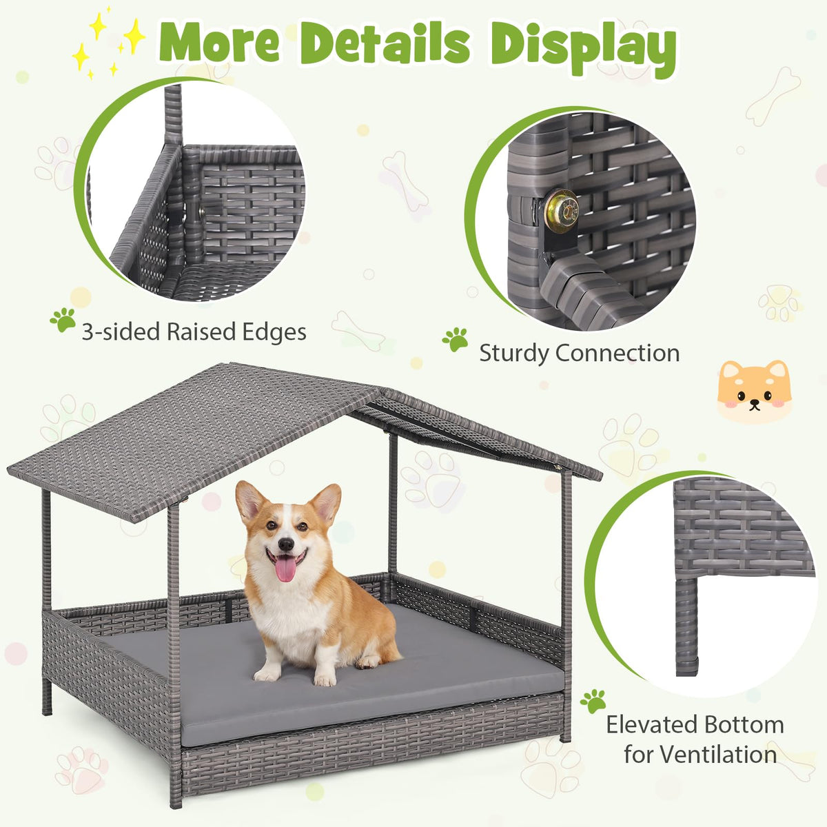 Goflame Outdoor Wicker Dog House with Roof Canopy & Washable Cushion