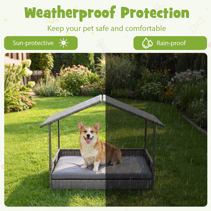 Goflame Outdoor Wicker Dog House with Roof Canopy & Washable Cushion