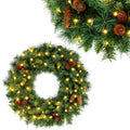 GOFLAME 24” Christmas Wreath with 10 Pine Cones and 50 LED Lights (Green)