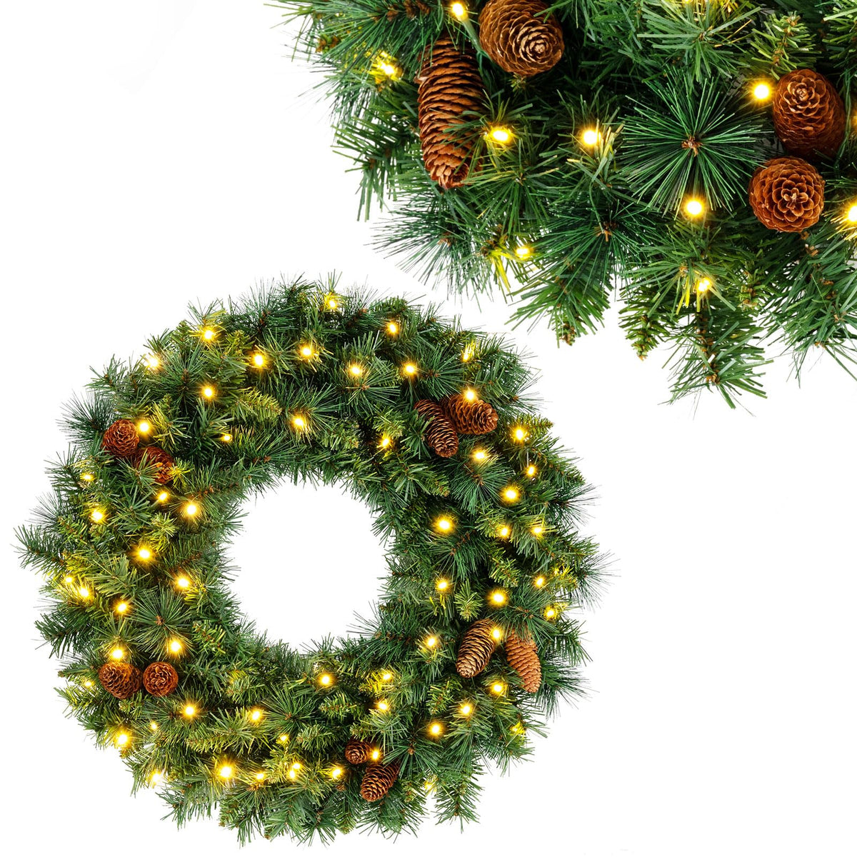 GOFLAME 24” Christmas Wreath with 10 Pine Cones and 50 LED Lights (Green)