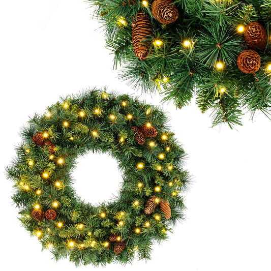 GOFLAME 24” Christmas Wreath with 10 Pine Cones and 50 LED Lights (Green)
