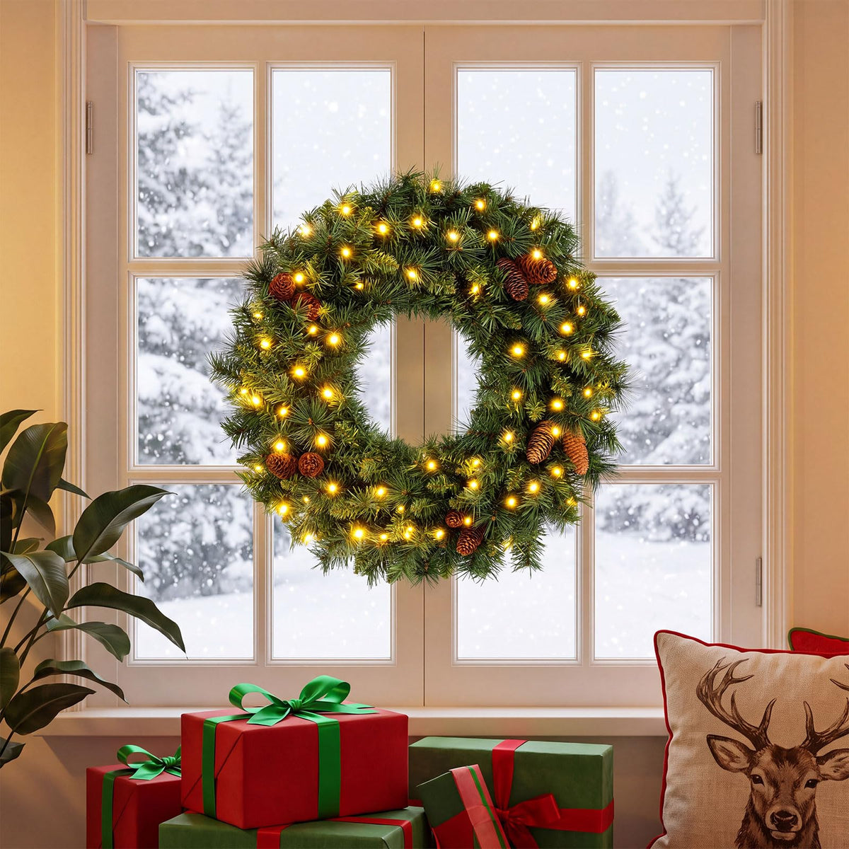GOFLAME 24” Christmas Wreath with 10 Pine Cones and 50 LED Lights (Green)