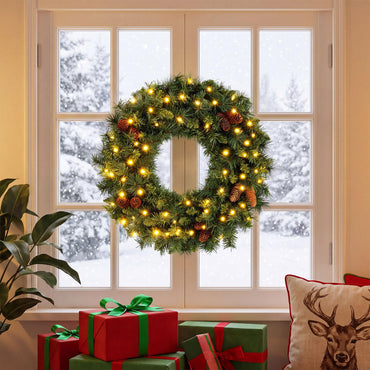 GOFLAME 24” Christmas Wreath with 10 Pine Cones and 50 LED Lights (Green)