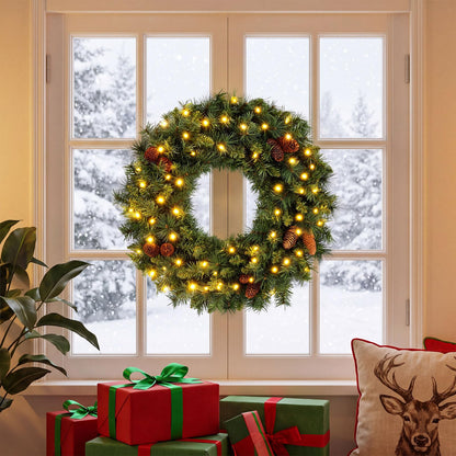 GOFLAME 24” Christmas Wreath with 10 Pine Cones and 50 LED Lights (Green)