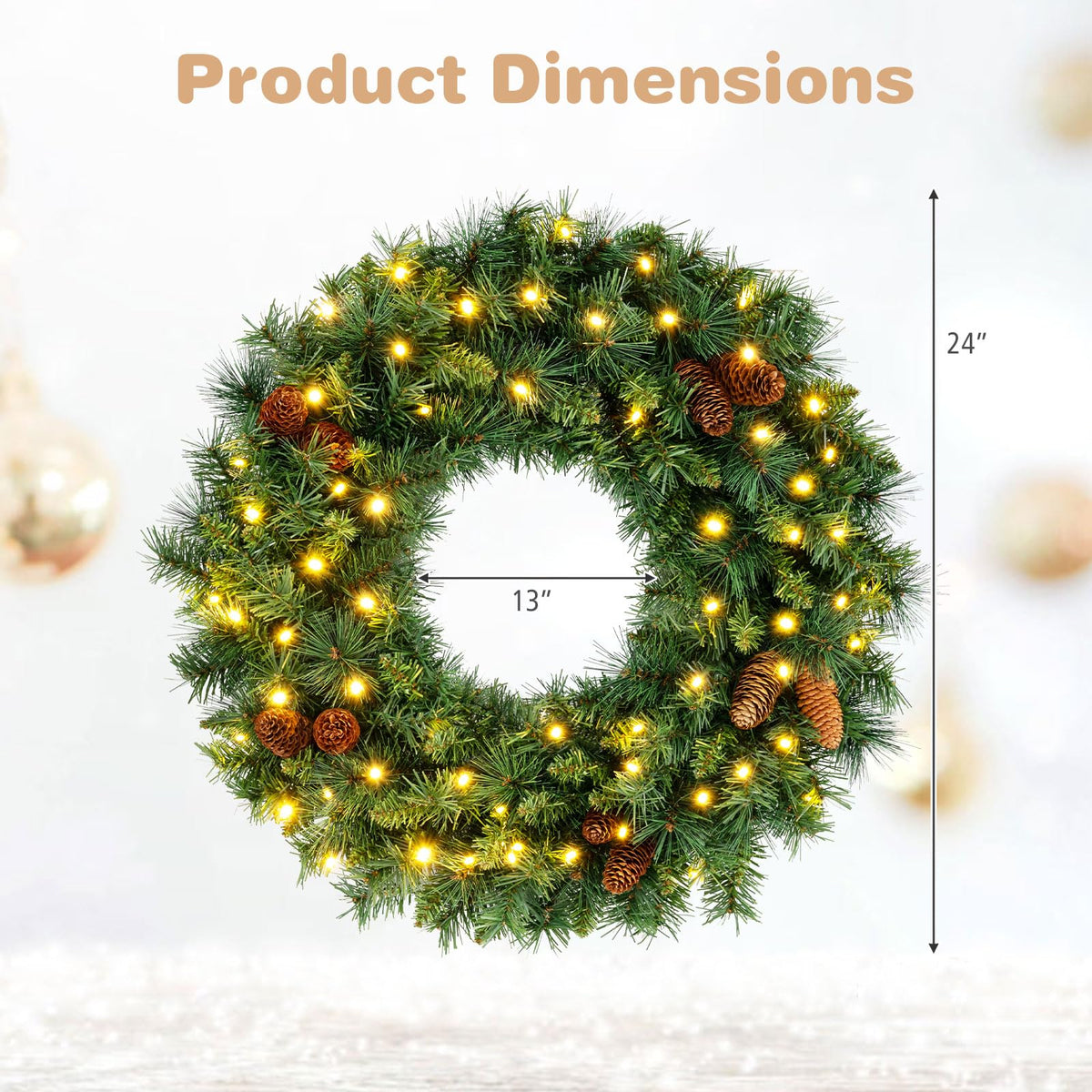 GOFLAME 24” Christmas Wreath with 10 Pine Cones and 50 LED Lights (Green)