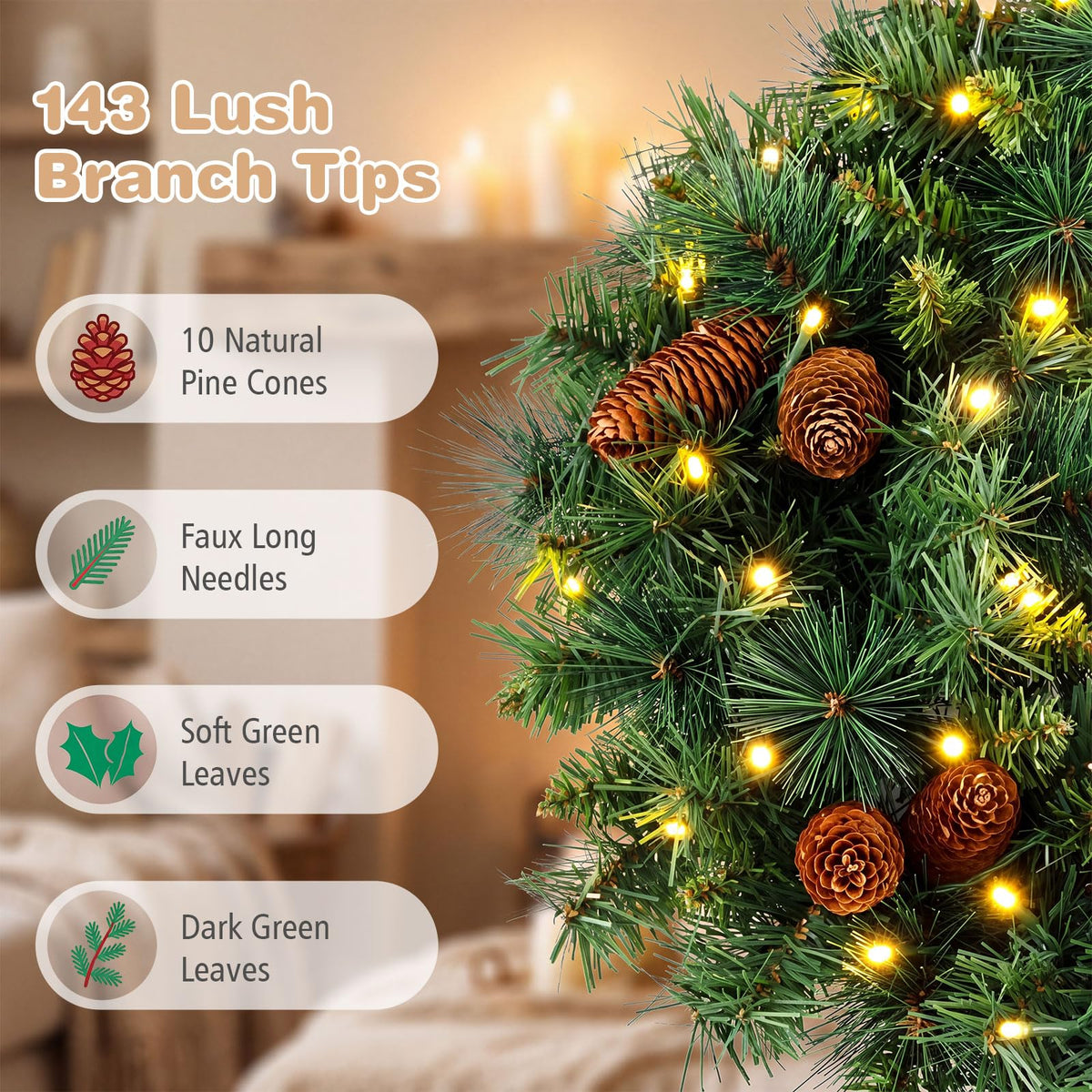 GOFLAME 24” Christmas Wreath with 10 Pine Cones and 50 LED Lights (Green)