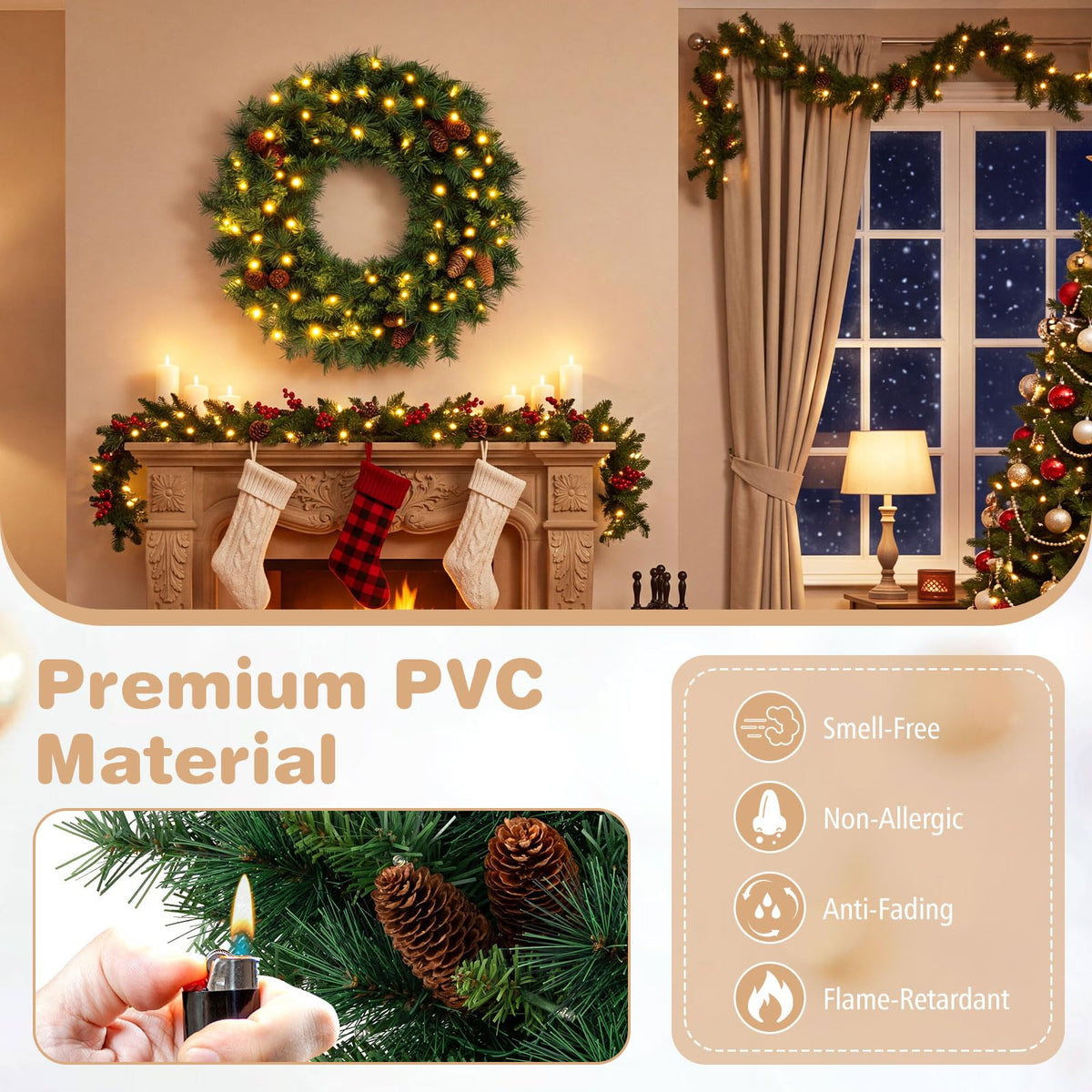 GOFLAME 24” Christmas Wreath with 10 Pine Cones and 50 LED Lights (Green)