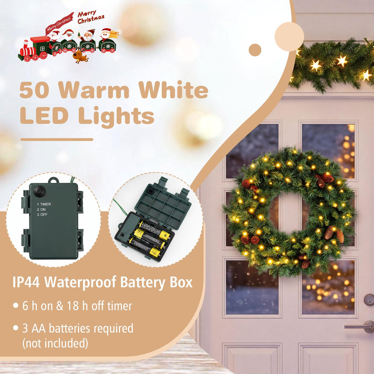 GOFLAME 24” Christmas Wreath with 10 Pine Cones and 50 LED Lights (Green)