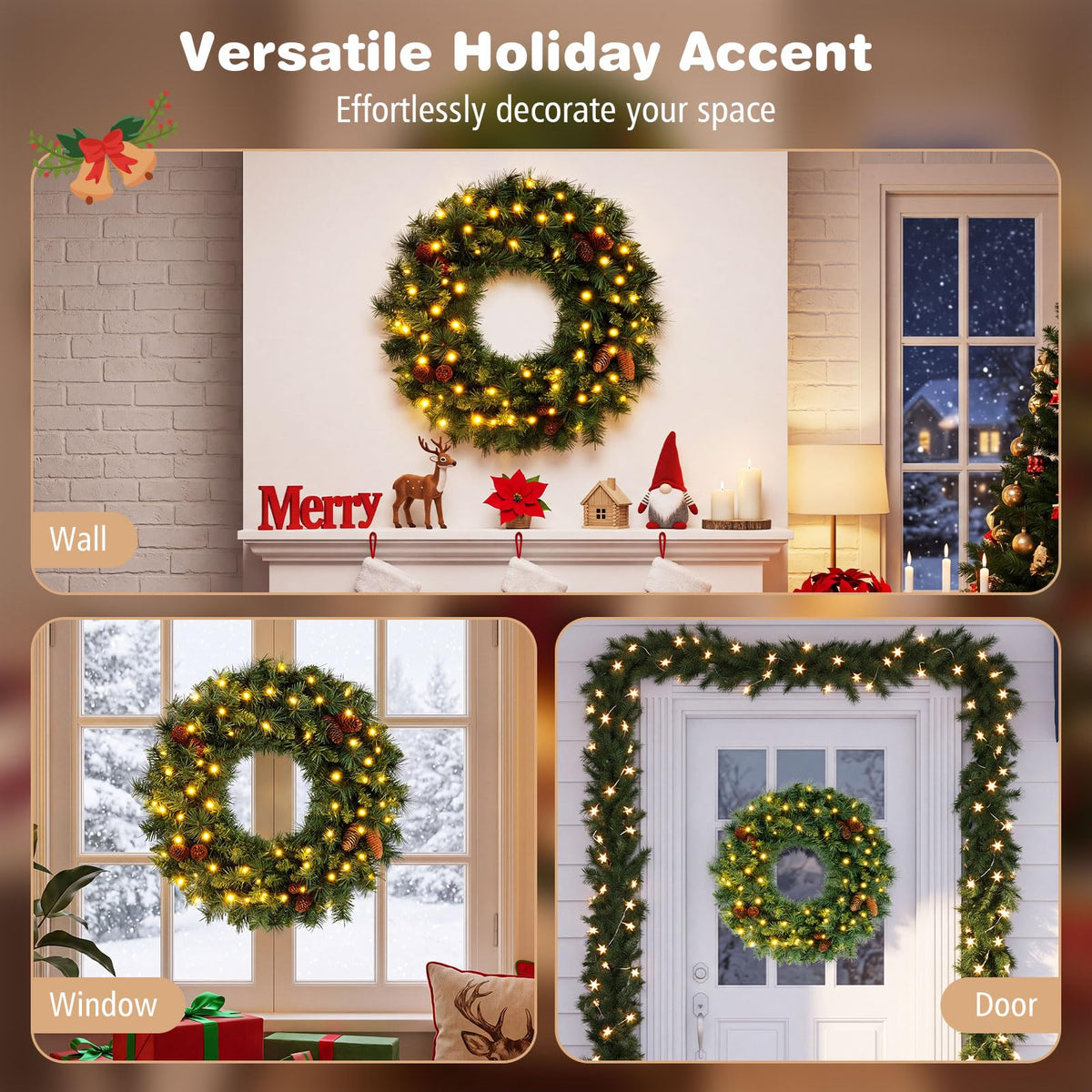 GOFLAME 24” Christmas Wreath with 10 Pine Cones and 50 LED Lights (Green)