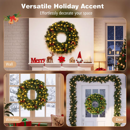 GOFLAME 24” Christmas Wreath with 10 Pine Cones and 50 LED Lights (Green)