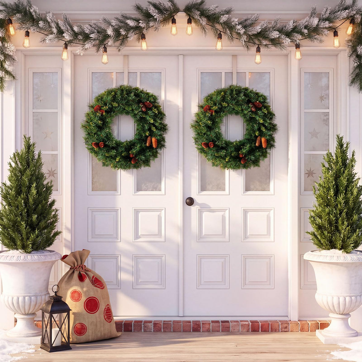 GOFLAME 24” Christmas Wreath with 10 Pine Cones and 50 LED Lights (Green)