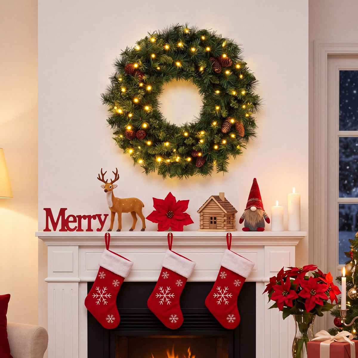 GOFLAME 24” Christmas Wreath with 10 Pine Cones and 50 LED Lights (Green)