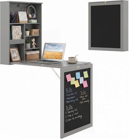 Goflame Foldable Wall Mounted Desk with Storage Shelves Hooks & Chalkboard
