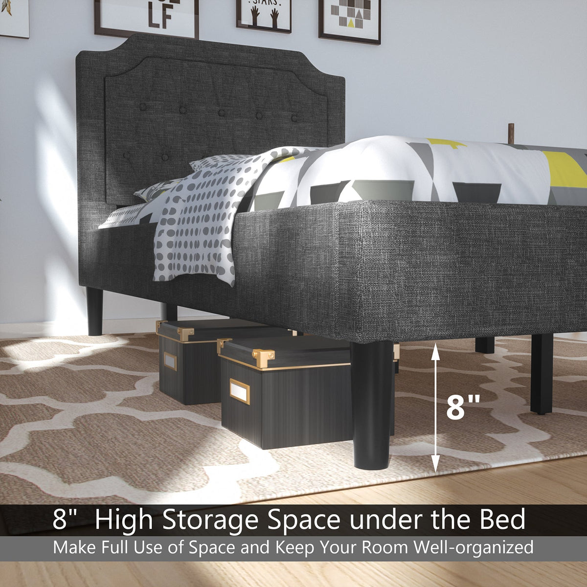 Twin Size Upholstered Bed Base with Button Stitched Headboard