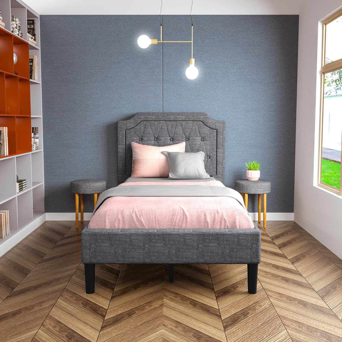 Twin Size Upholstered Bed Base with Button Stitched Headboard