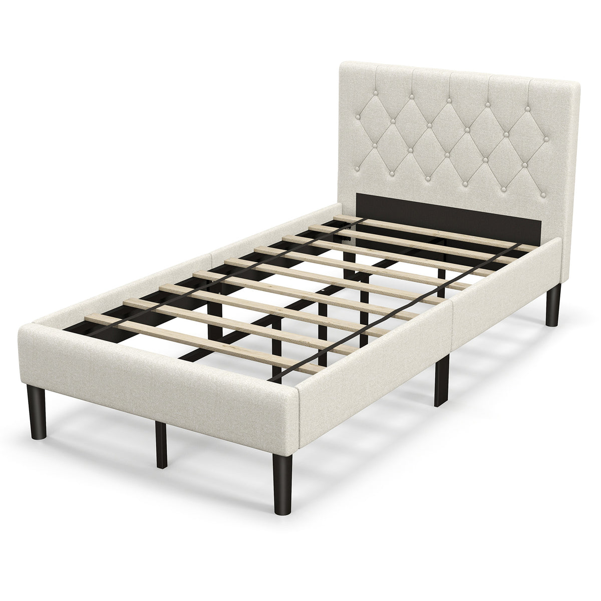 Goflame Upholstered Platform Bed Twin Size, Modern Bed Frame with Button Tufted Headboard (Beige)