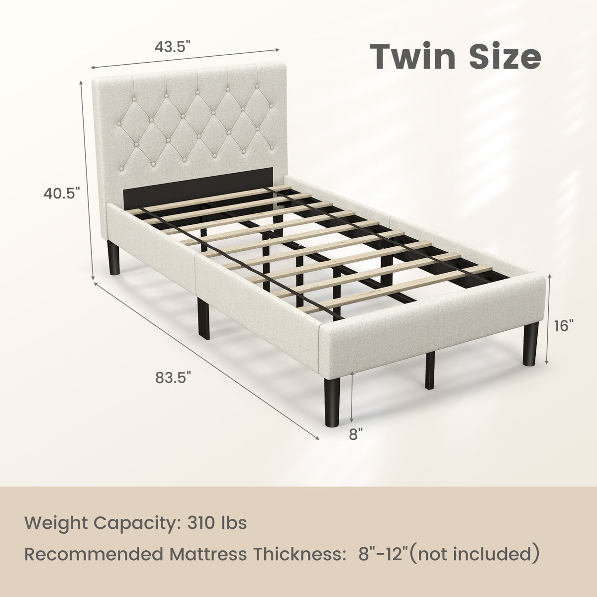 Goflame Upholstered Platform Bed Twin Size, Modern Bed Frame with Button Tufted Headboard (Beige)