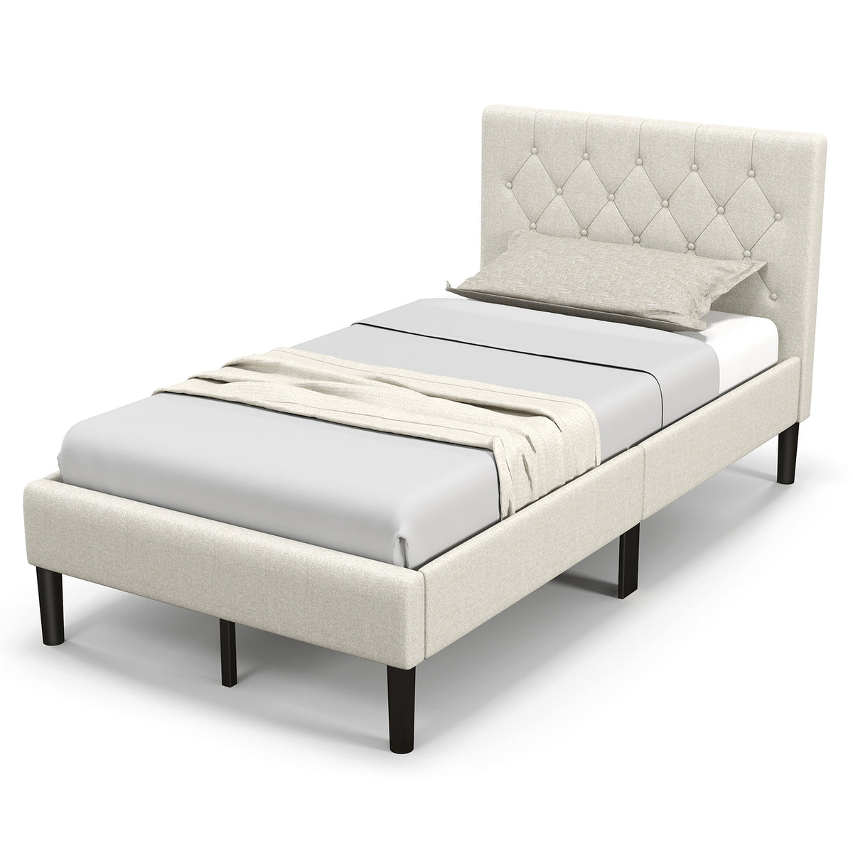 Goflame Upholstered Platform Bed Twin Size, Modern Bed Frame with Button Tufted Headboard (Beige)