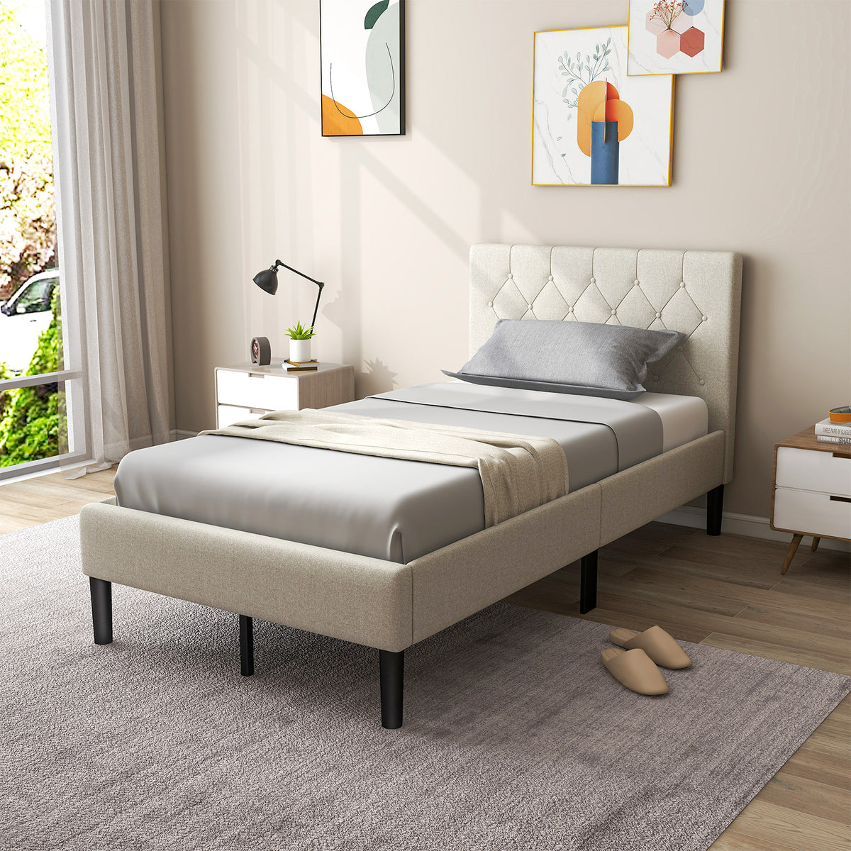 Goflame Upholstered Platform Bed Twin Size, Modern Bed Frame with Button Tufted Headboard (Beige)